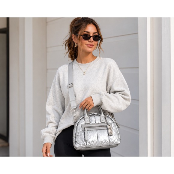 Sol And Selene Handbags - Sol and Selene Flying High Mini Metallic Silver Puffer Satchel Crossbody Bag NEW